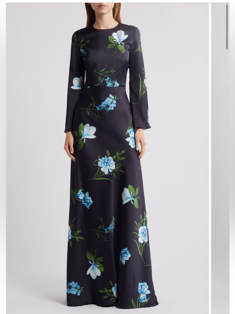 Sachin & Babi Alex Blue Sequin Floral Long Sleeve Satin Crepe Gown